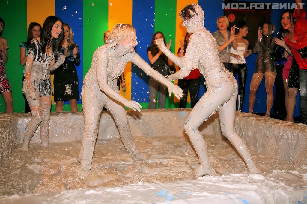 16P Stupendous fully clothed chicks are into messy mud wrestling