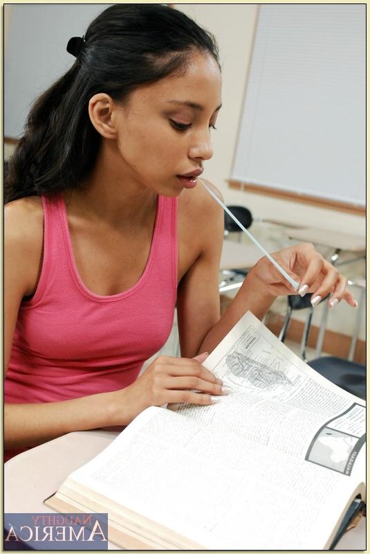 16P Cute latina coed Alexis Love stripping and posing nude in the class