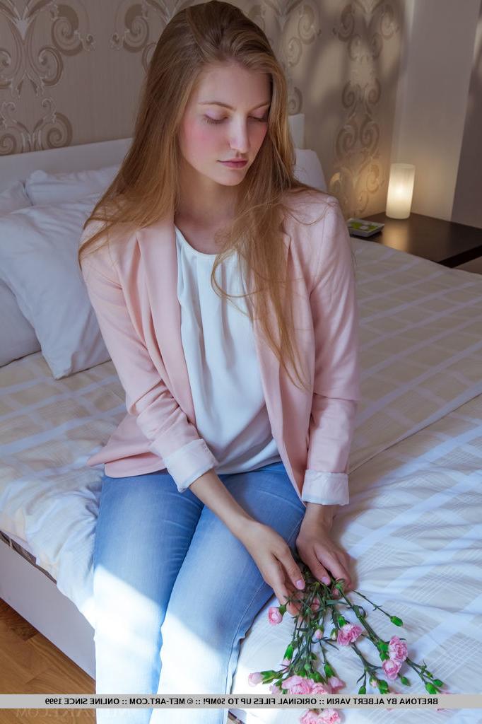 18P Clothed teen solo girl shedding jeans and panties to expose shaved snatch