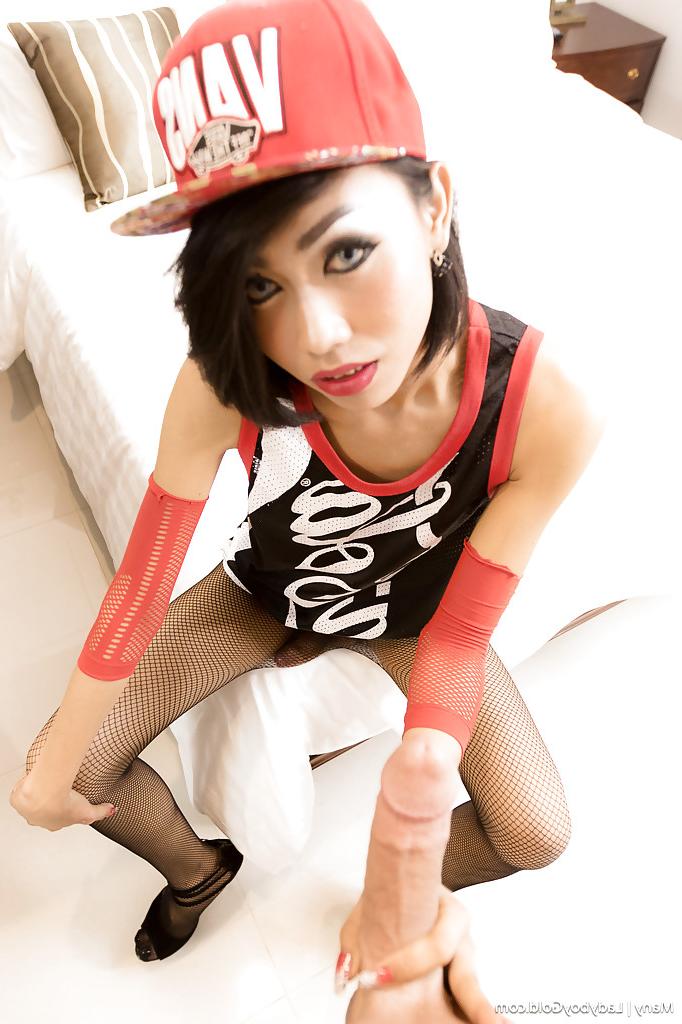 16P Skinny Thai ladyboy Many posing in sexy fishnet stocking uniform and hat