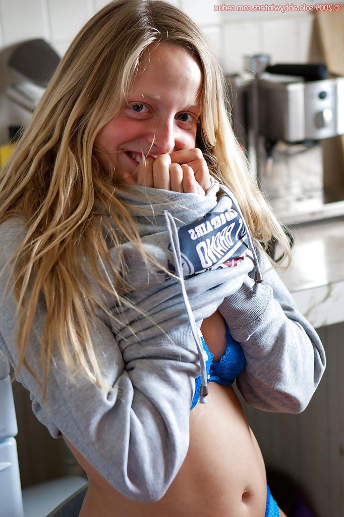 16P Blond teen Alena pulls off panties and socks to pose young body in nude