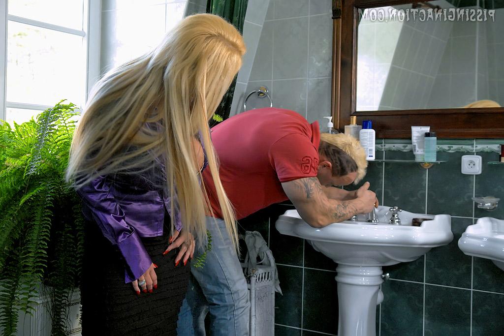 16P Bosomy piss slut on high heels Sharon Pink has some kinky fun with her friends