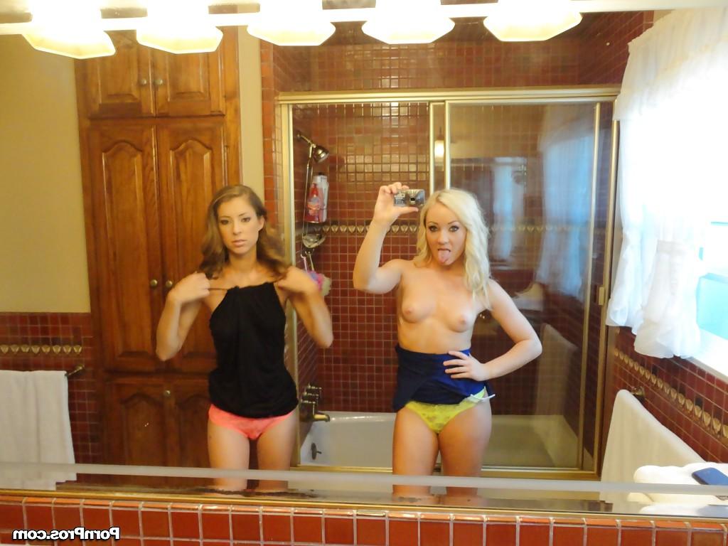 15P Teen lesbians Sienna Splash and Presley Hart taking naked selfies in mirror