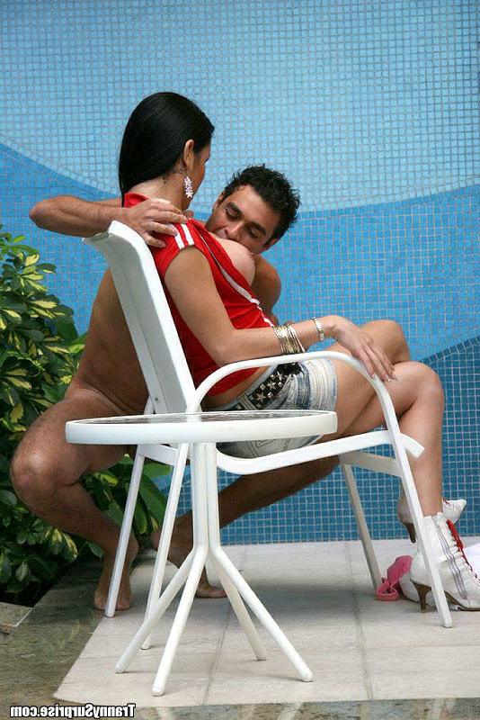 16P Beautiful brunette Latina tranny Kalena spreading her legs poolside
