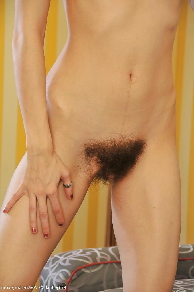 16P Skinny babe with hairy armpits Kitty Bush stripping and spreading her legs
