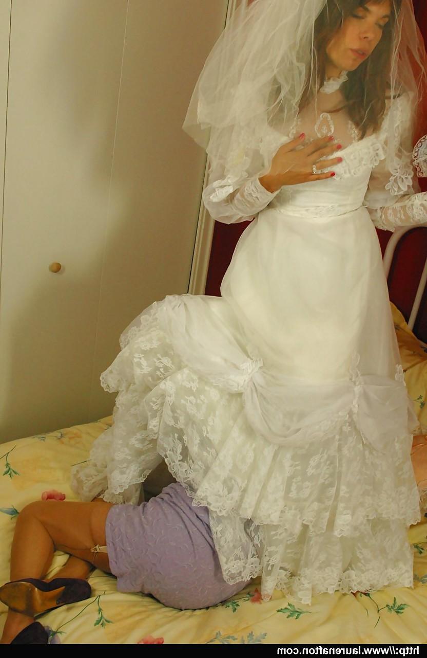 12P Hot bride Miss Abigail in stockings & high heels enjoys lesbian strapon fuck