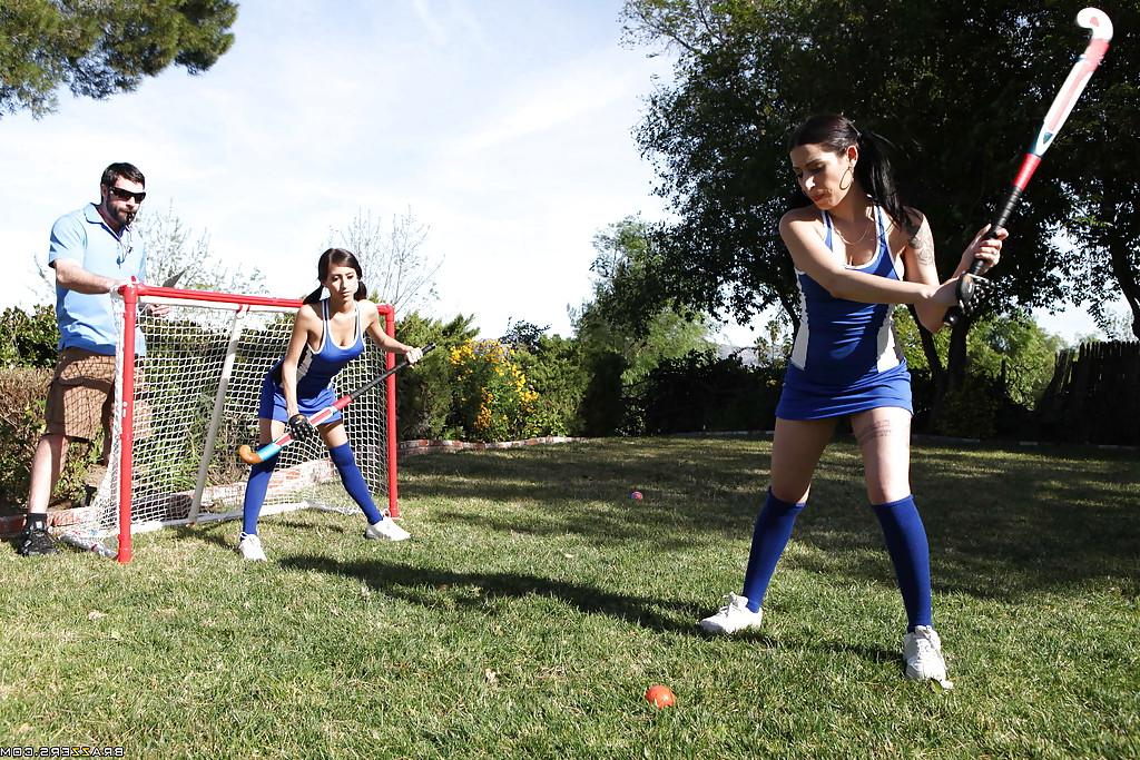 16P Sports babes in knee high socks pleasuring their coach on the field