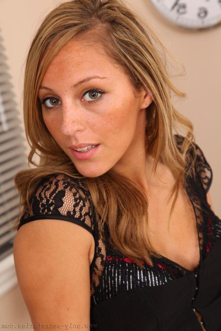 16P Darcy looks beautiful in her black lace top and tight pencil skirt.