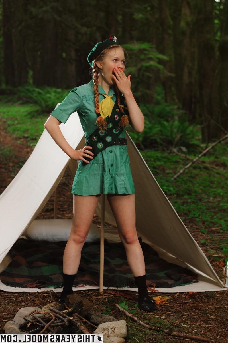 15P Redhead girl scout Dolly Little gets turned on while camping