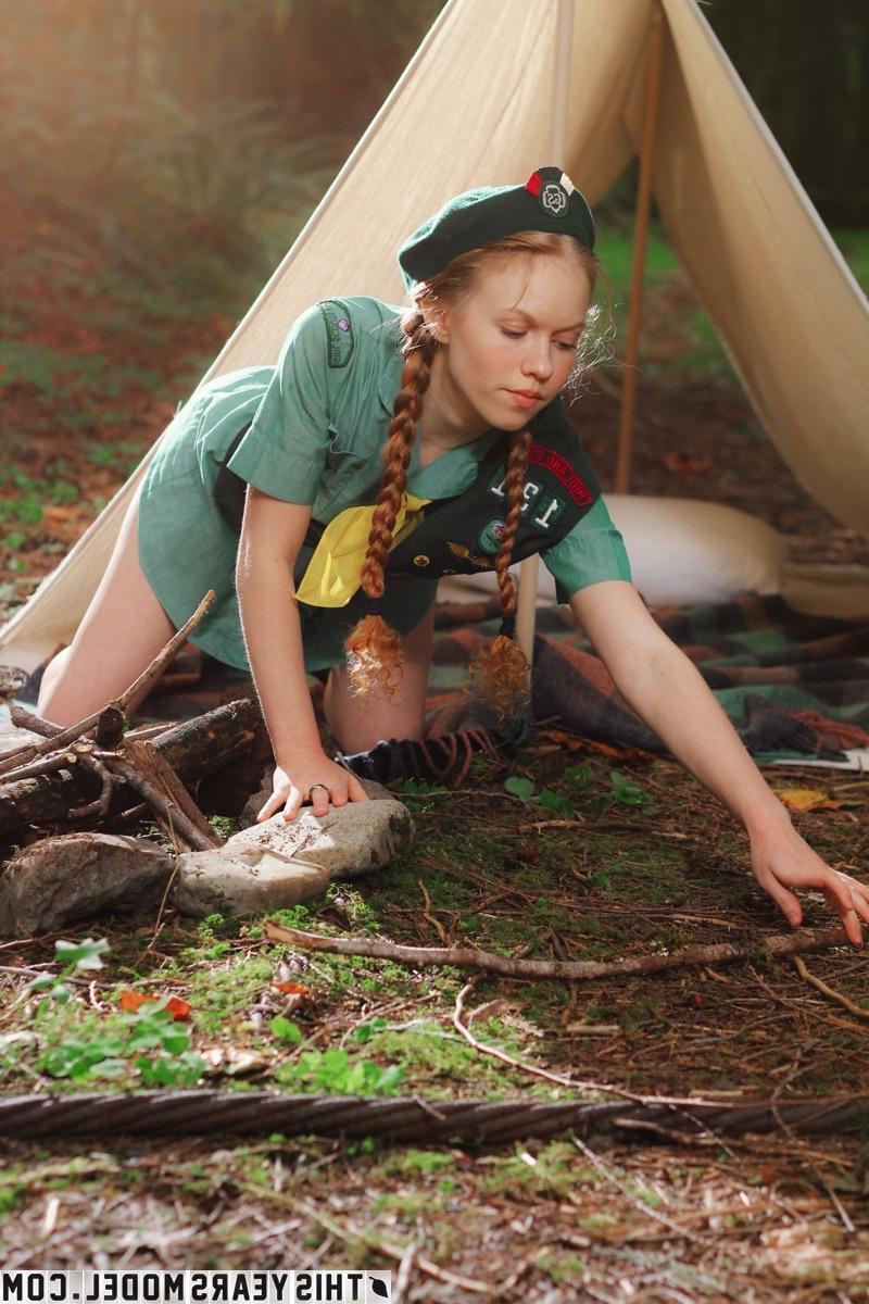 15P Redhead girl scout Dolly Little gets turned on while camping