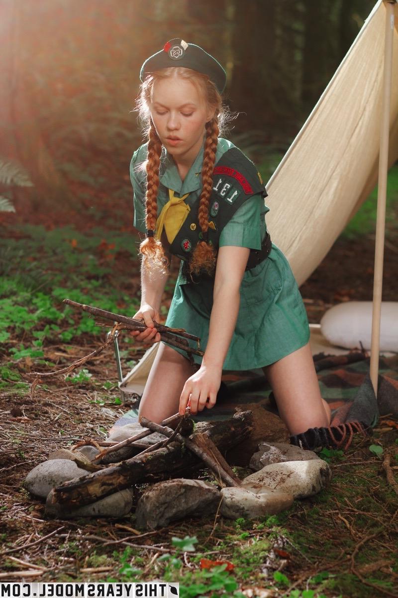 15P Redhead girl scout Dolly Little gets turned on while camping