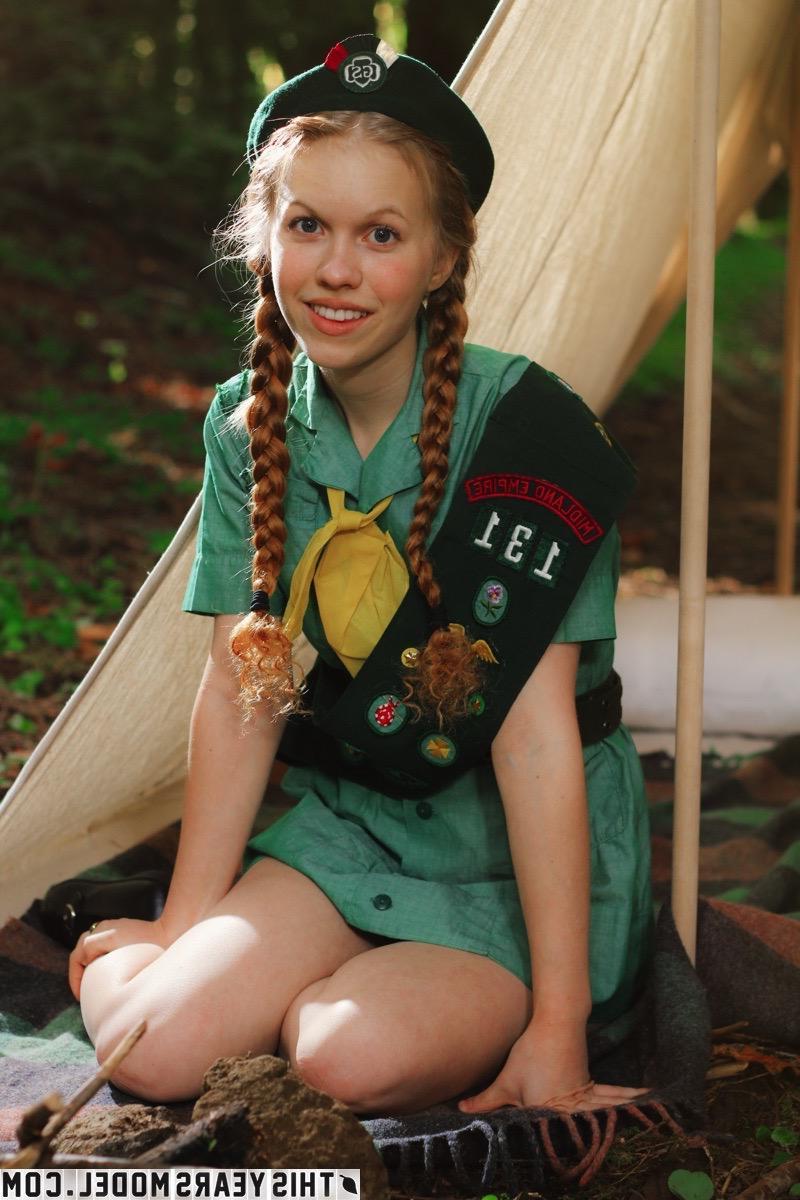 15P Redhead girl scout Dolly Little gets turned on while camping
