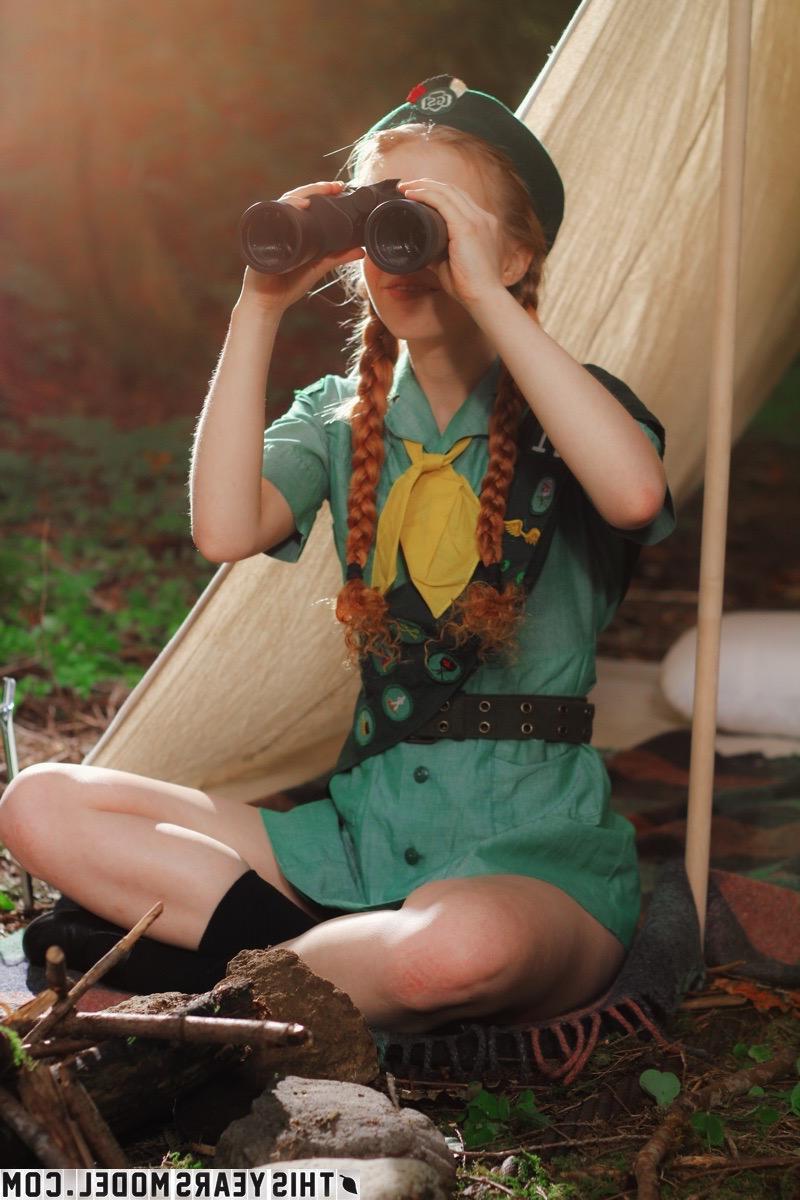 15P Redhead girl scout Dolly Little gets turned on while camping