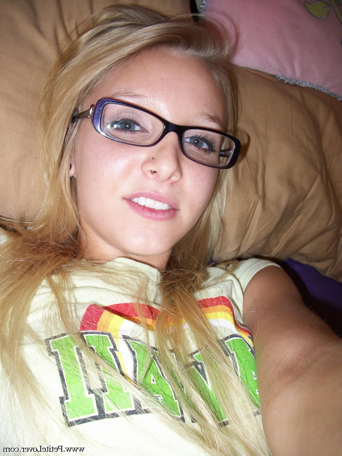 16P Sexy tiny blonde teen Elle shoots topless selfies in her sexy glasses