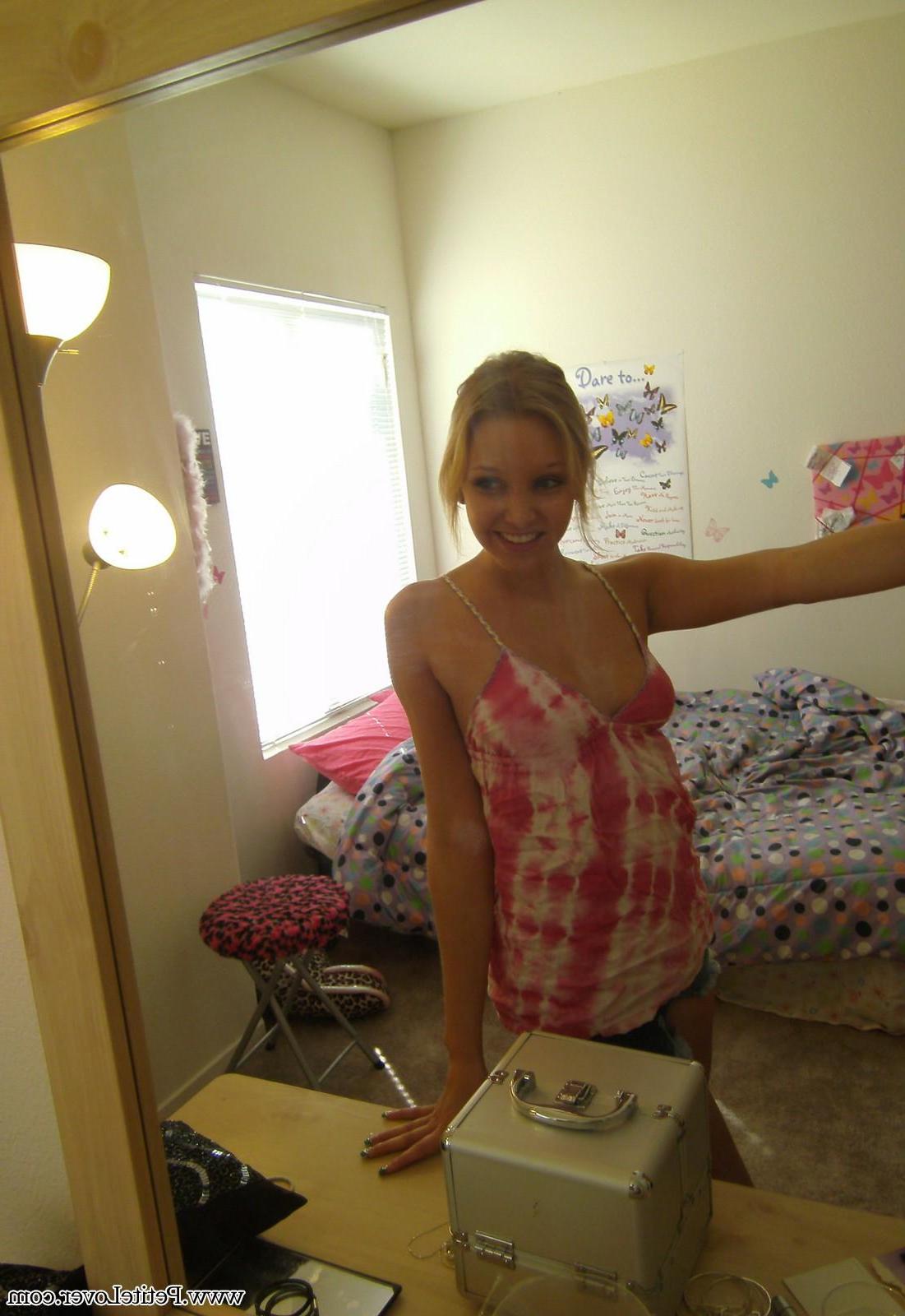 16P Blonde teen Elle takes topless selfies for you in the mirror