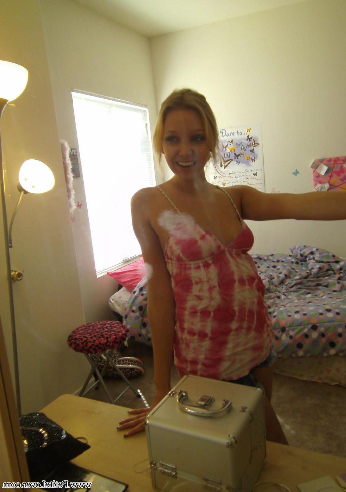 16P Blonde teen Elle takes topless selfies for you in the mirror