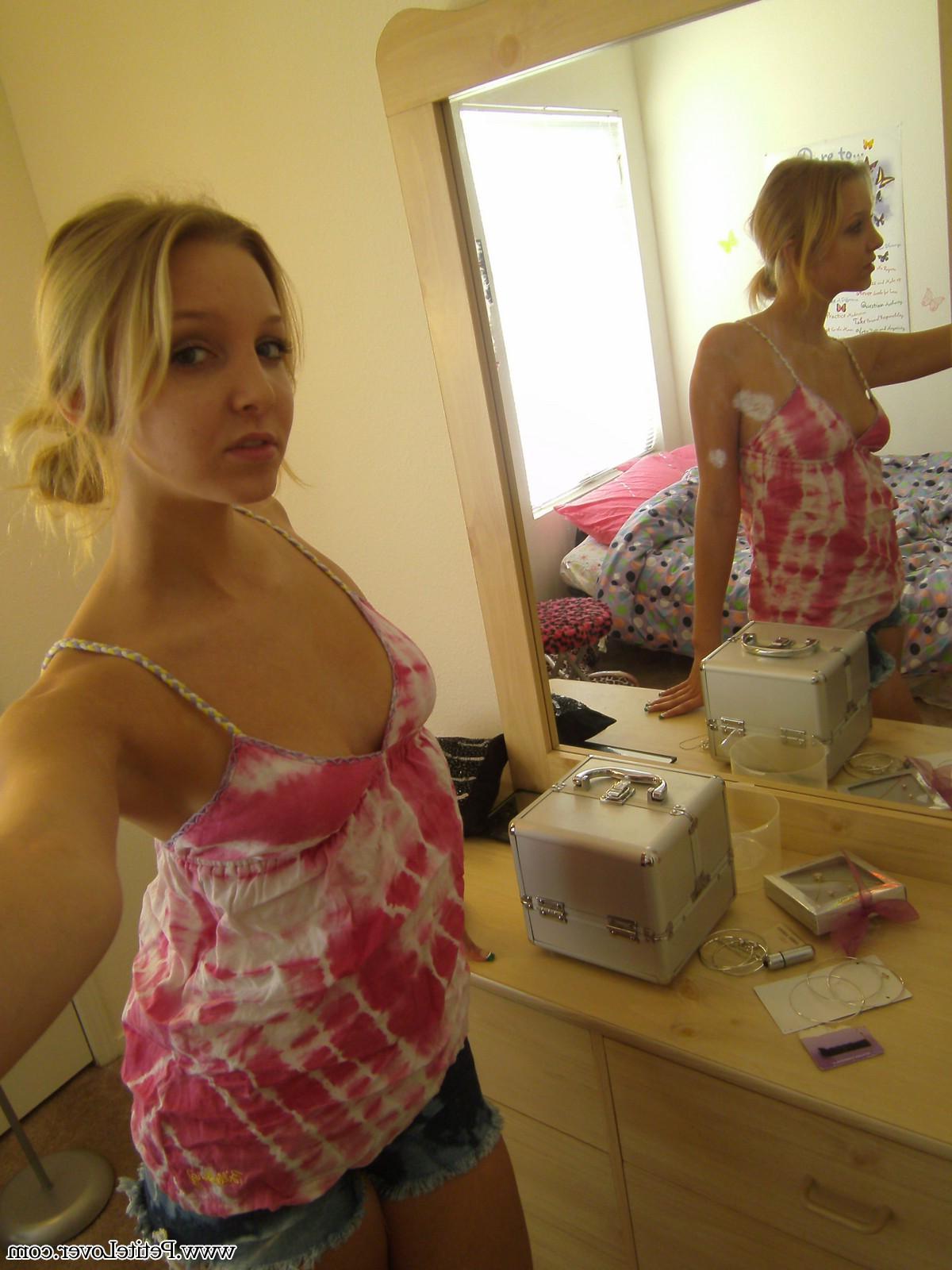 16P Blonde teen Elle takes topless selfies for you in the mirror