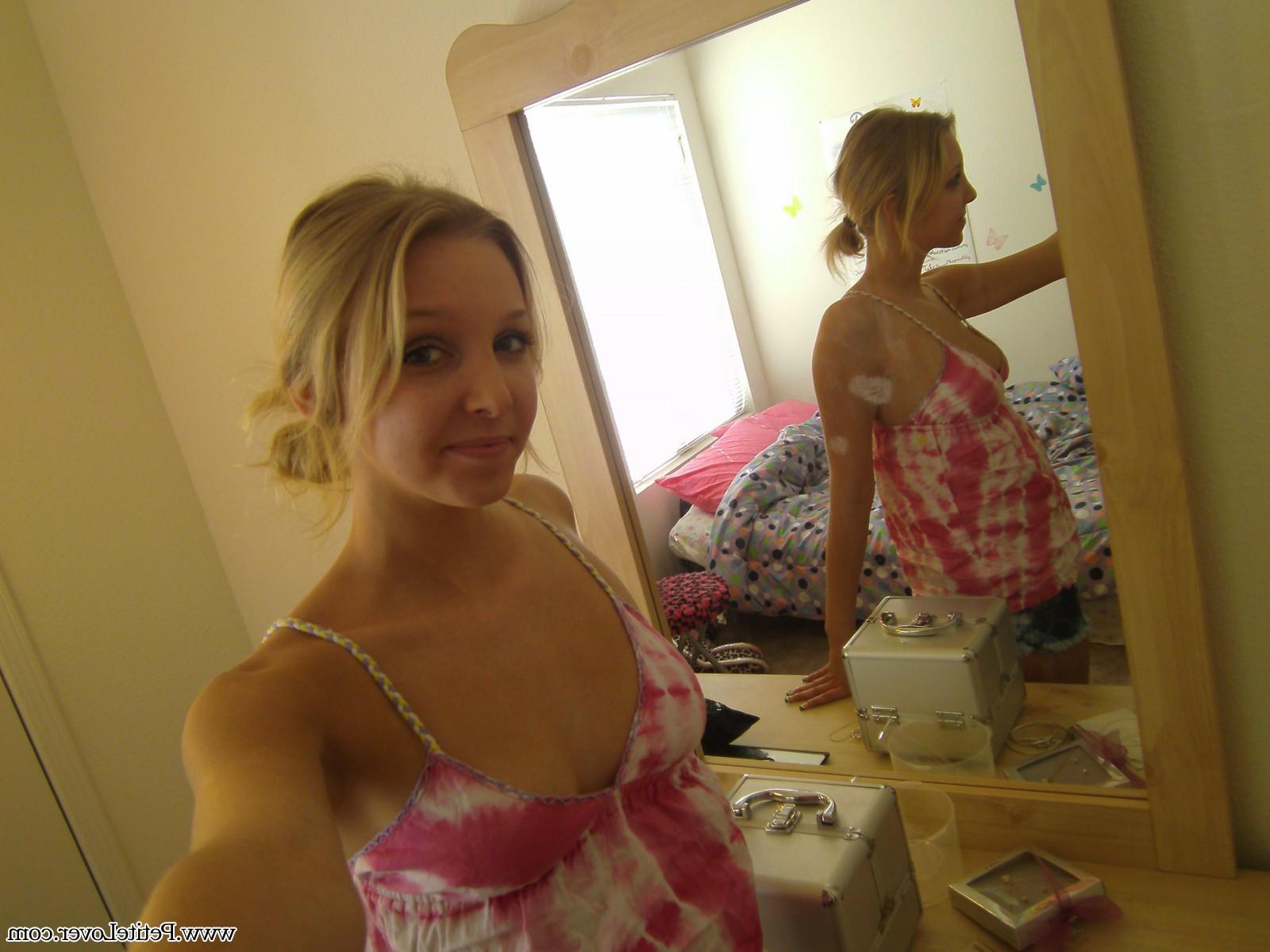 16P Blonde teen Elle takes topless selfies for you in the mirror