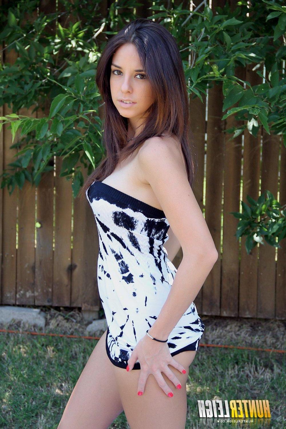 15P Pictures of Hunter Leigh stripping out of her black and white dress outside