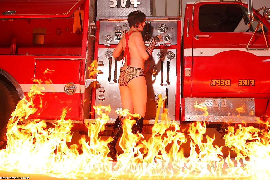 16P Hot Sarah Shevon is posing in panties and in firefighter's uniform