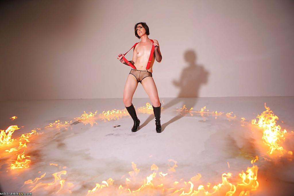 16P Hot Sarah Shevon is posing in panties and in firefighter's uniform