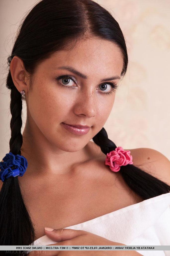 18P Brunette teen Kantata gets naked and puts her hair in pigtails in "Castanu"