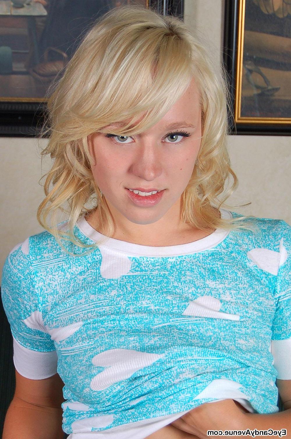 16P Blonde coed Kayla is sexy hiking up her short denim skirt