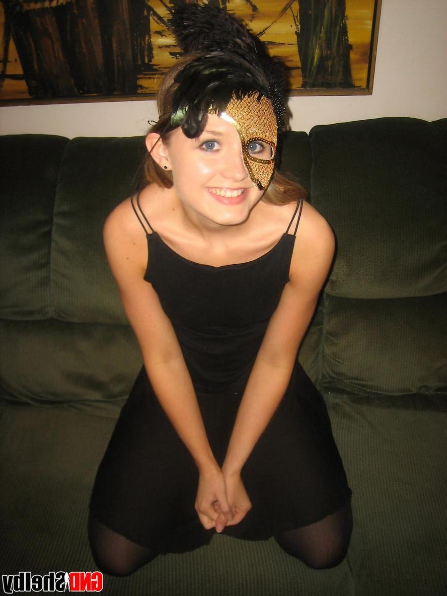 12P Shelby strips off her black dress and starts to rub her wet pussy