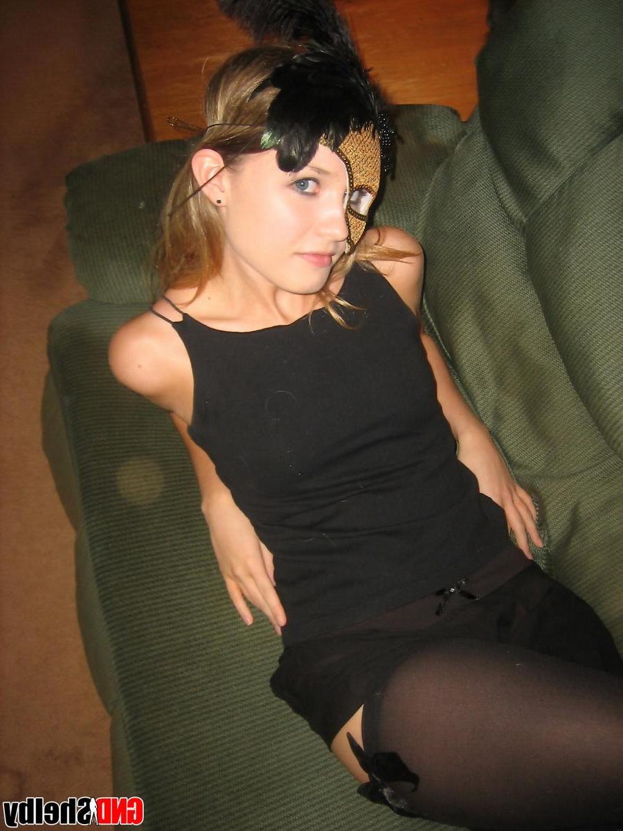 12P Shelby strips off her black dress and starts to rub her wet pussy