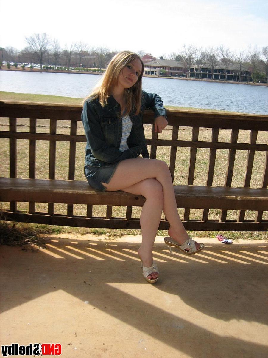 12P Cute teen Shelby flashes her nipples and panties at the lake in a public park