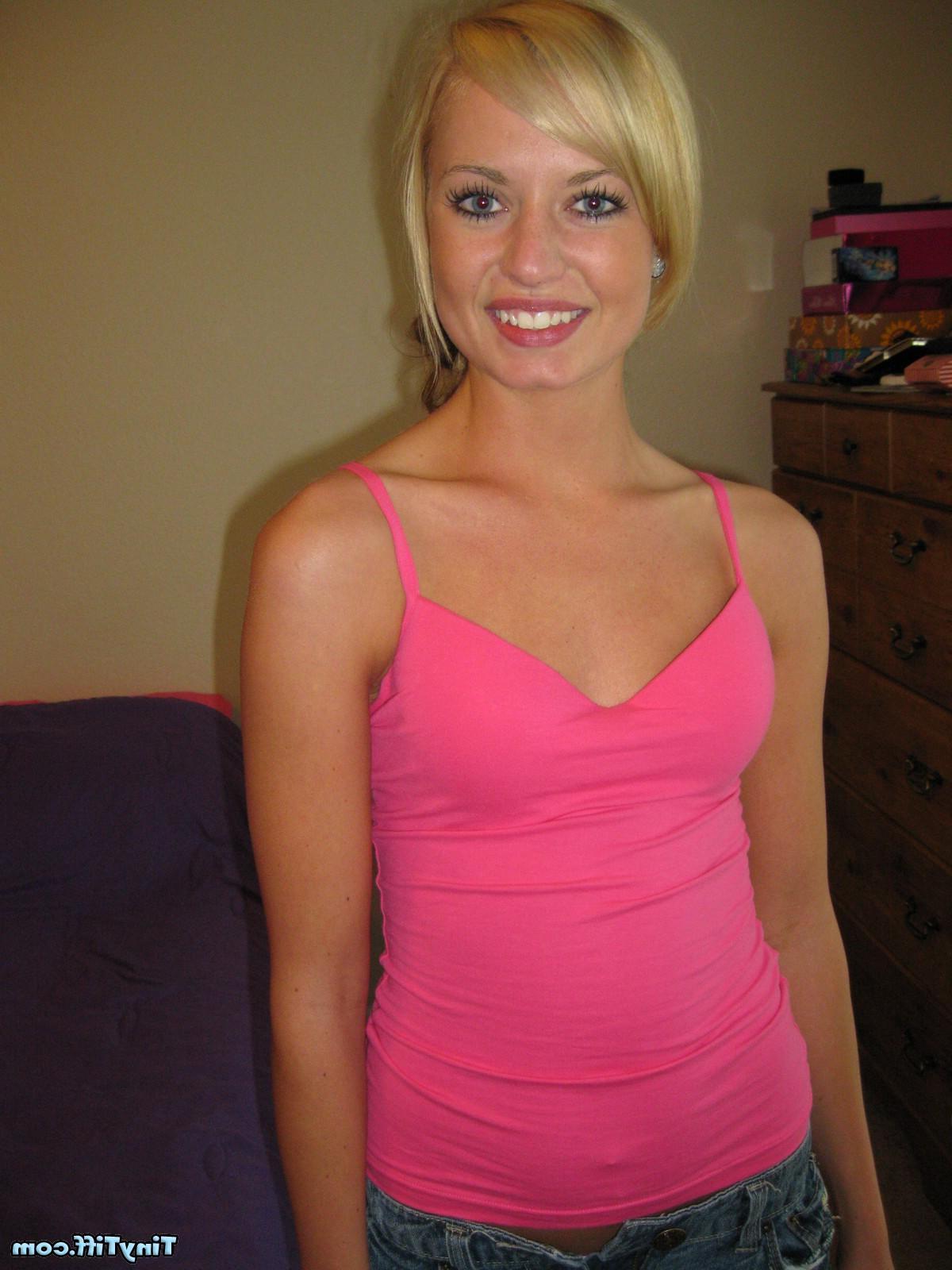 16P Blonde teen Tiny Tiff takes off her pink tank top and shows you her tight pussy