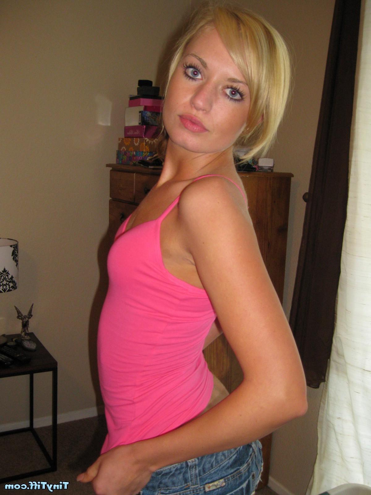 16P Blonde teen Tiny Tiff takes off her pink tank top and shows you her tight pussy