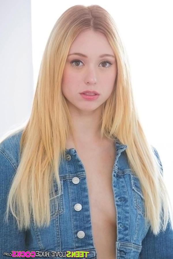 20P Blonde teen Lucy Tyler tries to fit a huge cock inside her super tight pussy