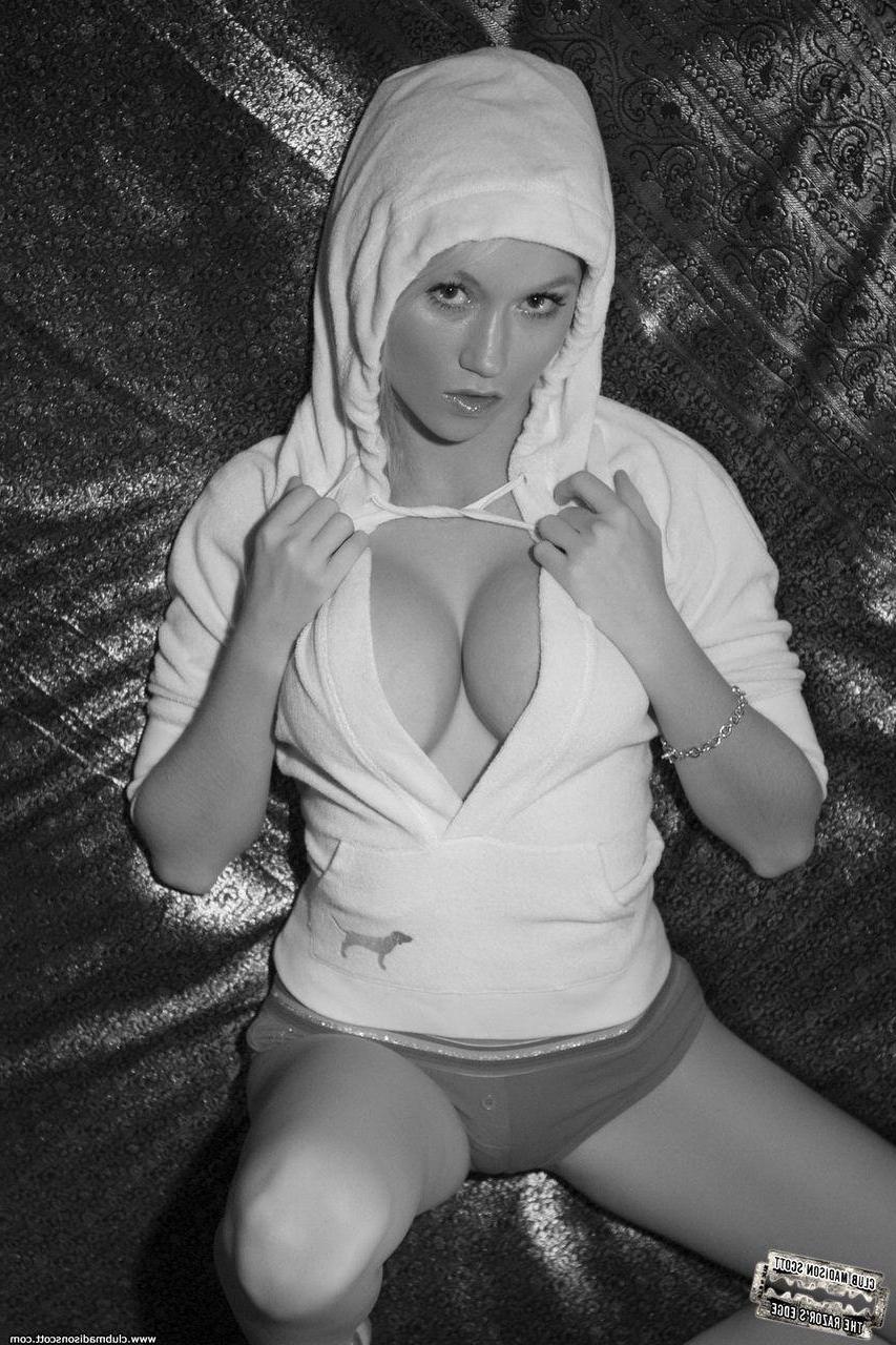 15P Pictures of Madison Scott getting naked in black and white