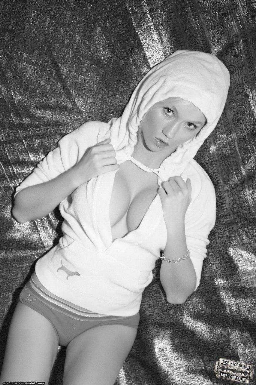 15P Pictures of Madison Scott getting naked in black and white