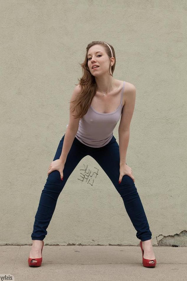 8P Stunning redhead coed Olivia Pelton teases outside