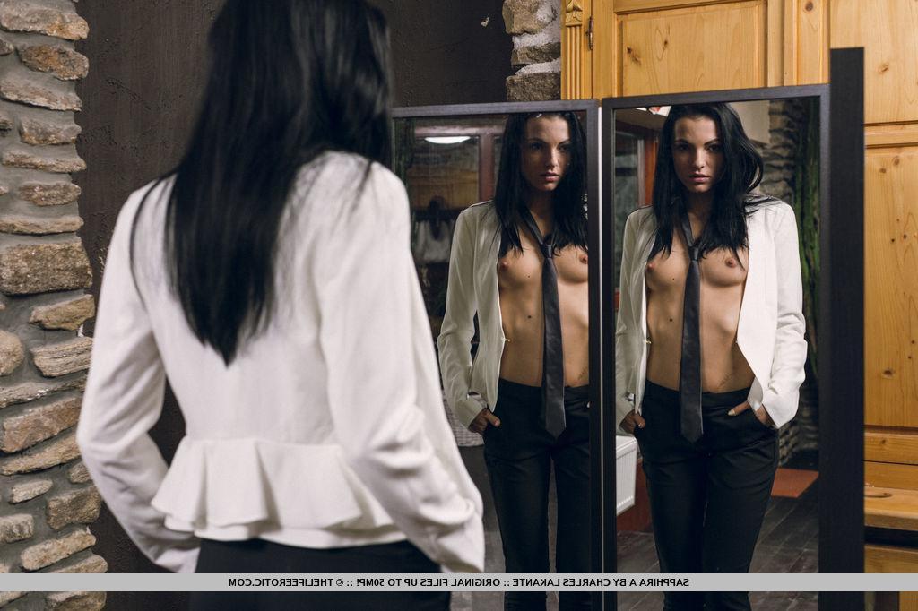 16P Brunette teen Sapphira A strips and fingers herself in "Je T'aime"