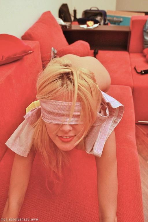 15P Pictures of Sasha Blonde sucking a cock blindfolded