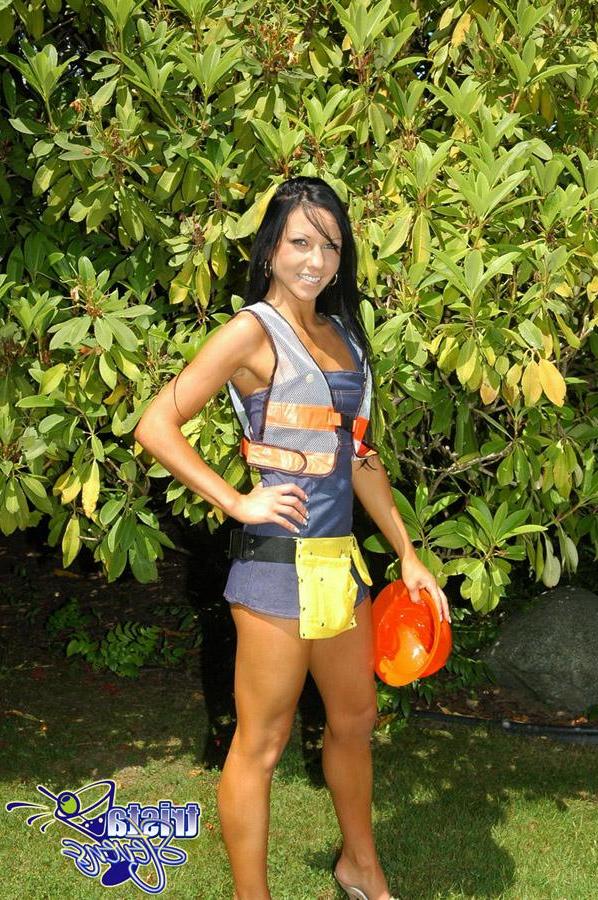 12P Trista Stevens dresses up as a sexy teen construction worker for halloween