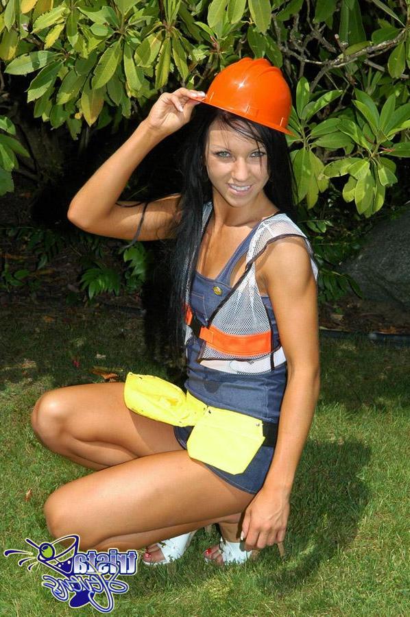 12P Trista Stevens dresses up as a sexy teen construction worker for halloween