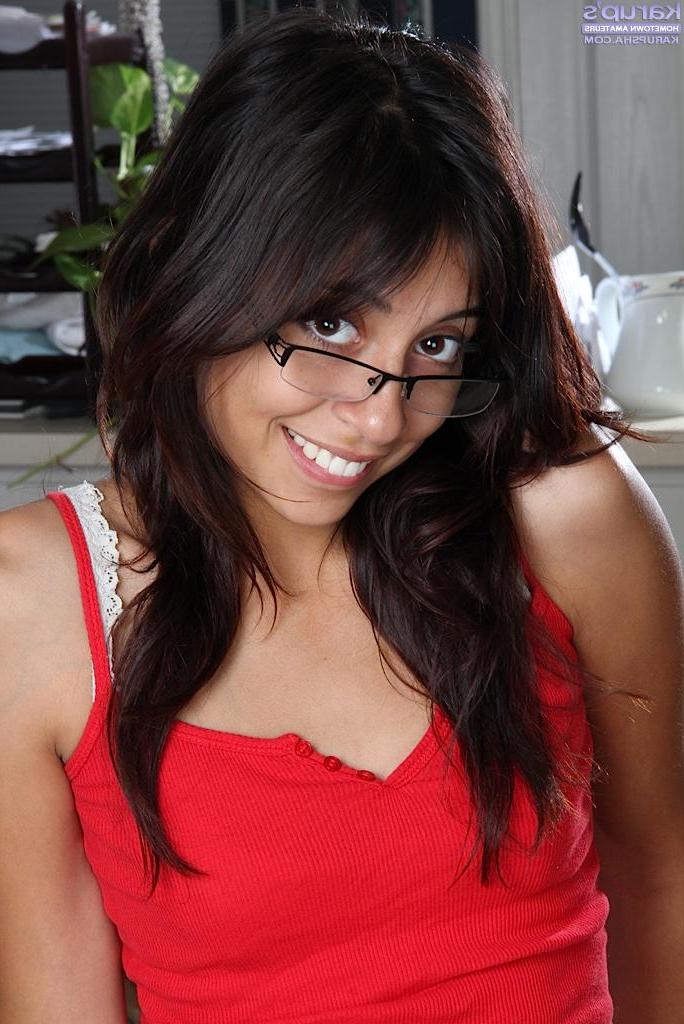 15P Latin coed Rocky takes off her glasses and rubs her shaved pussy