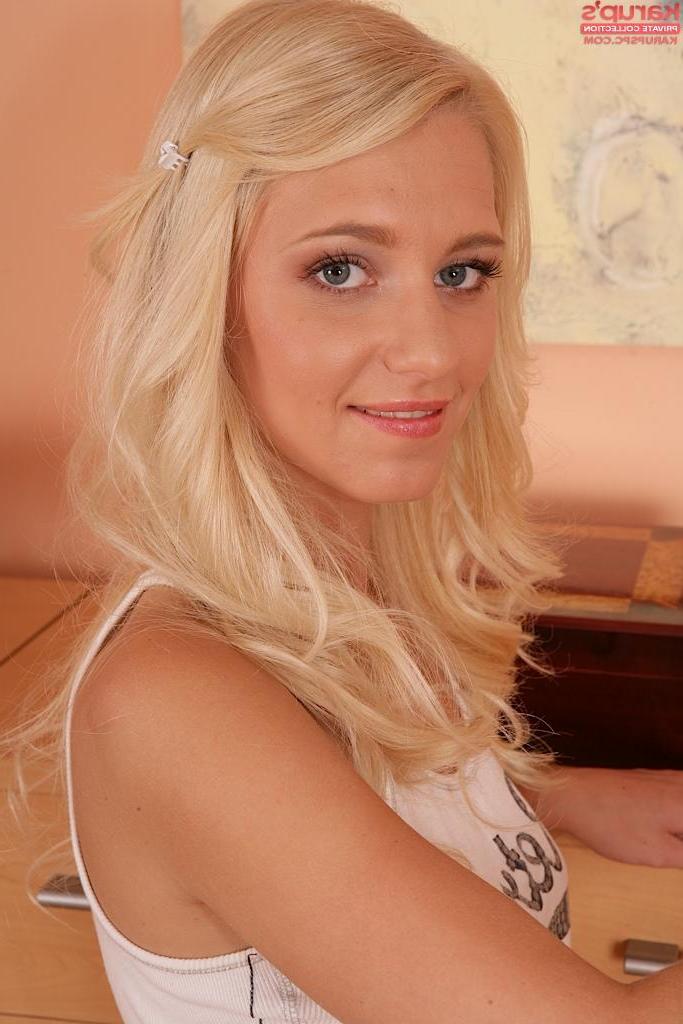 15P Blond coed Sara Coul playing with her pussy on the kitchen floor