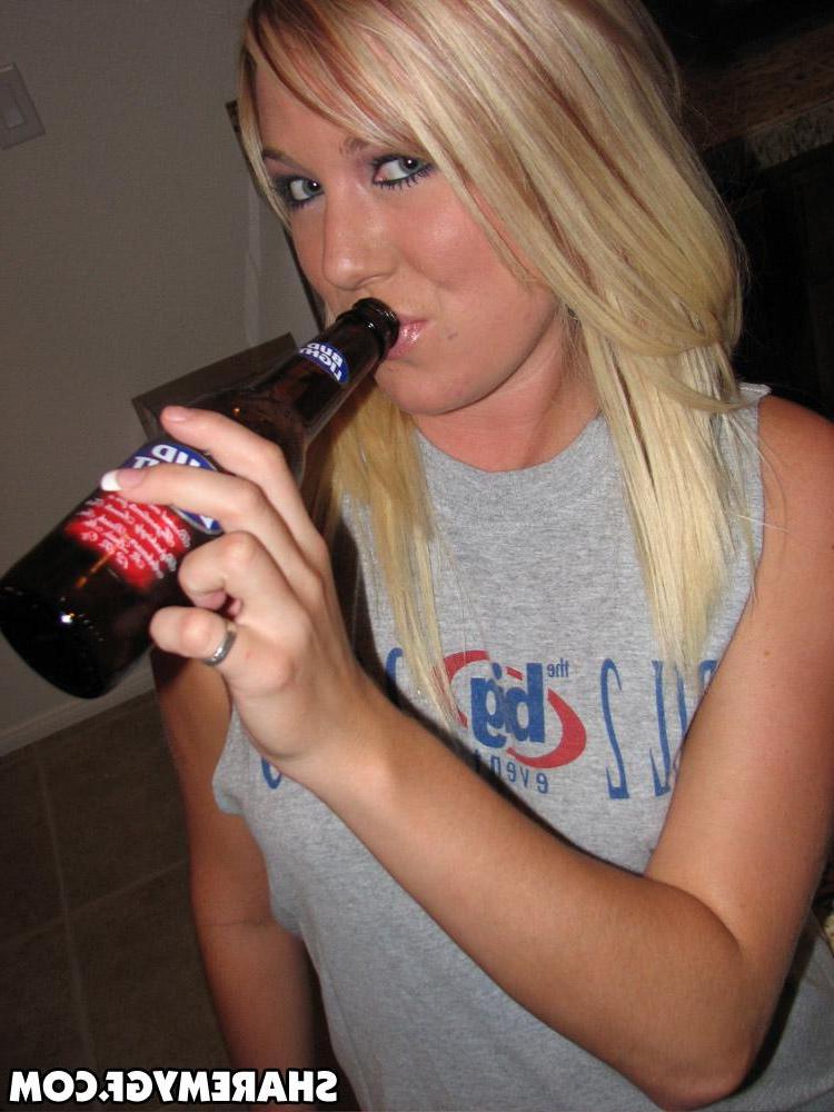 20P Hot blonde coed drinks a beer and flashes her fun parts