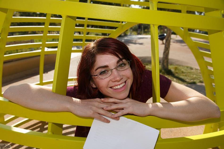 8P Brunette coed Jazz Riley gives you some upskirt shots in public