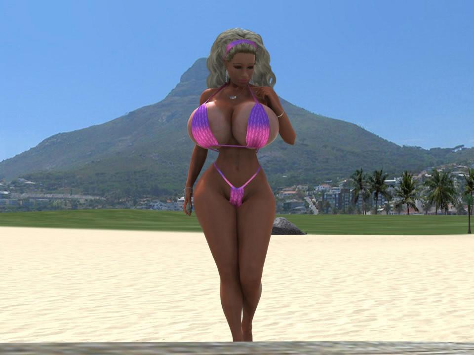 12P Huge breasted 3D blonde beach bunny caught topless
