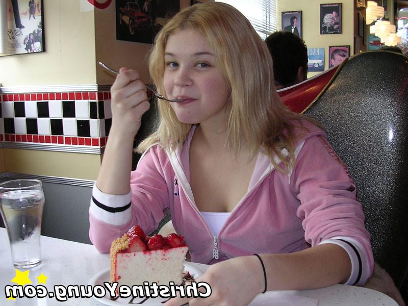 14P Cheerful blonde teen Christine Young flashing and teasing