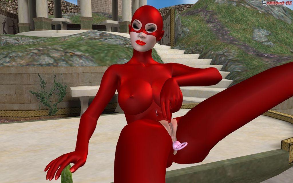 16P 3d animated latex babe toying all her sex holes