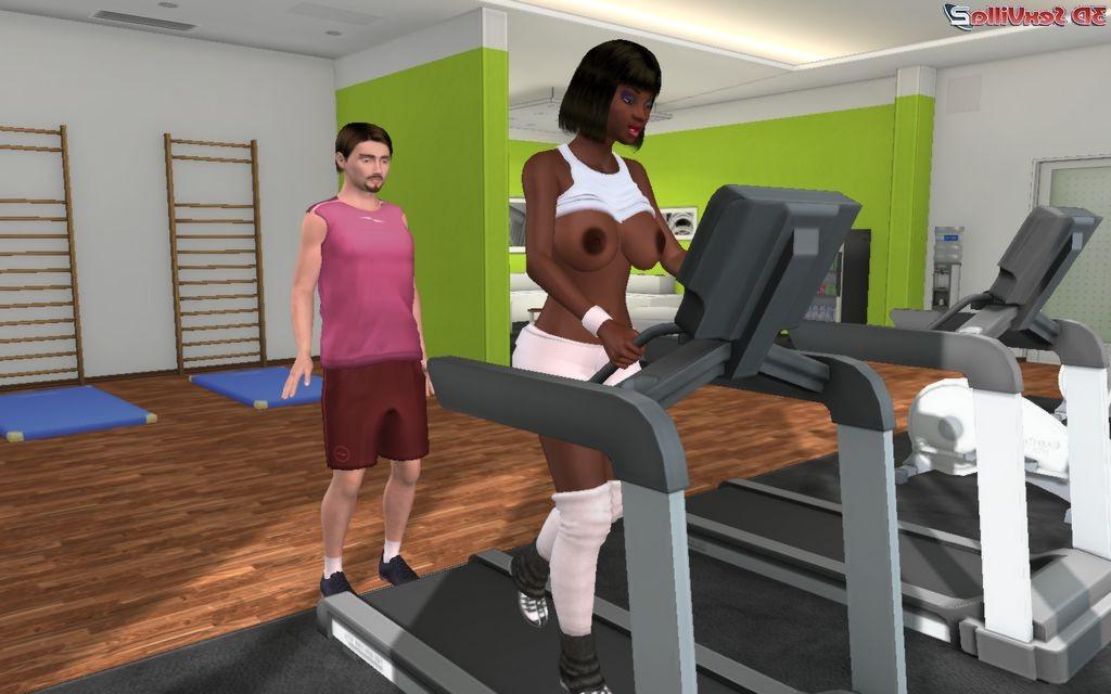 16P Busty animated fitness babe makes her coach crazy