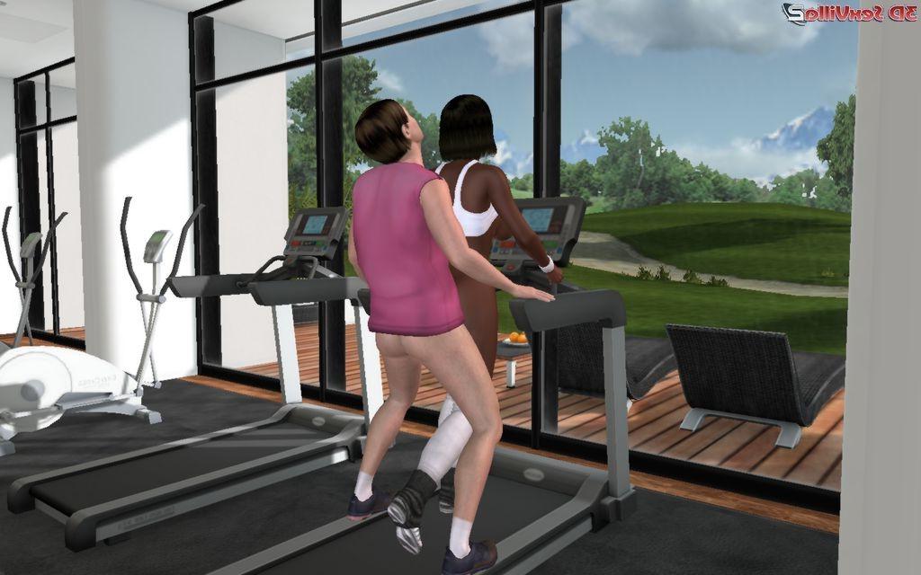 16P Busty animated fitness babe makes her coach crazy