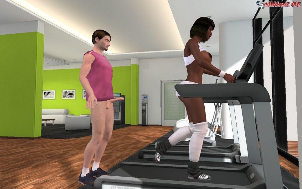 16P Busty animated fitness babe makes her coach crazy